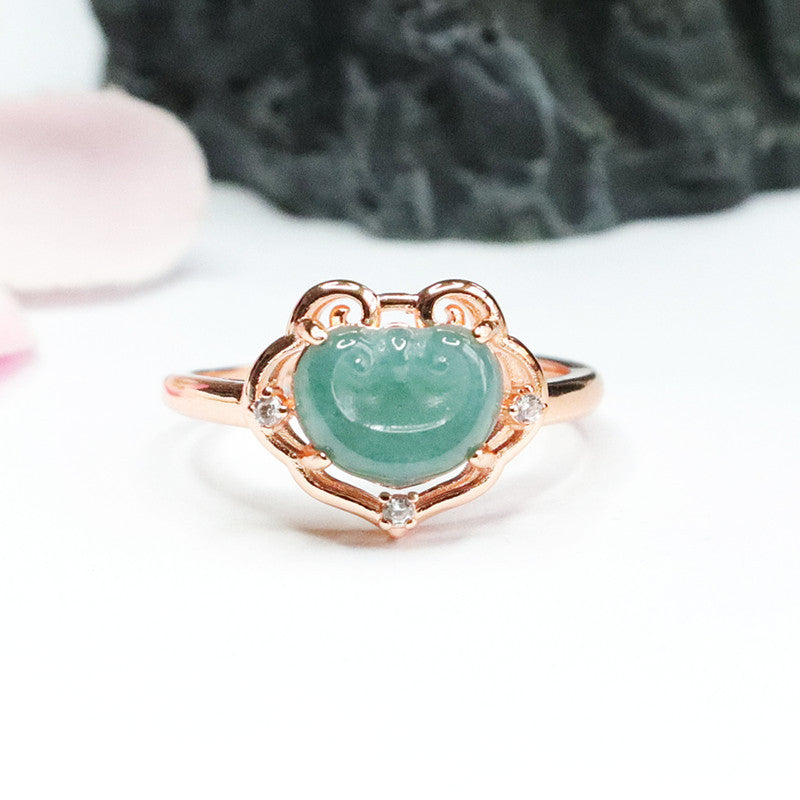 Green Jadeite Sterling Silver Ruyi Ring - Adjustable Hollow Jewelry Piece