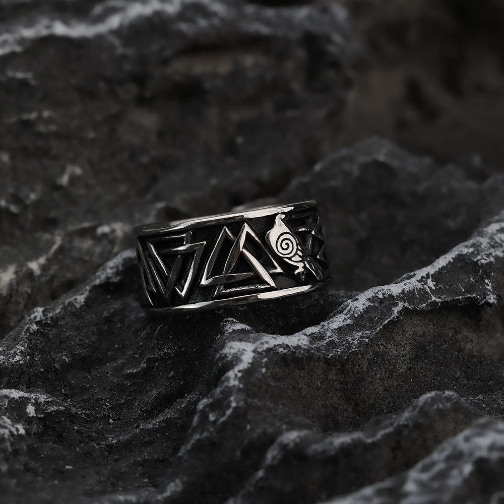 Planderful Viking Runic Ring Raven Triangle Relief Durable Stainless Steel For Men Everyday Genie