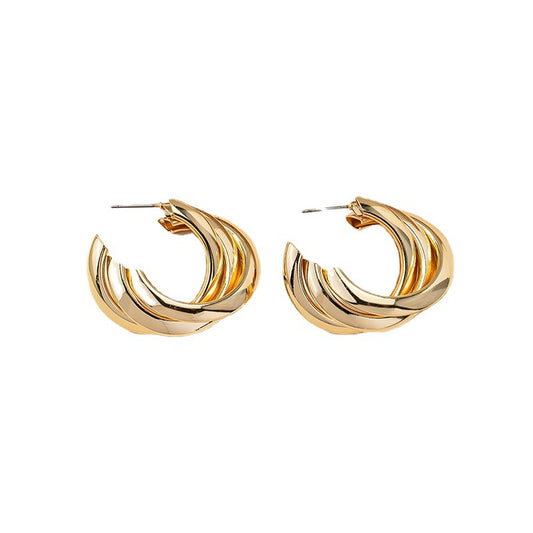 Golden C-Shaped Triple Layer Metal Stud Earrings by Planderful Vienna Verve