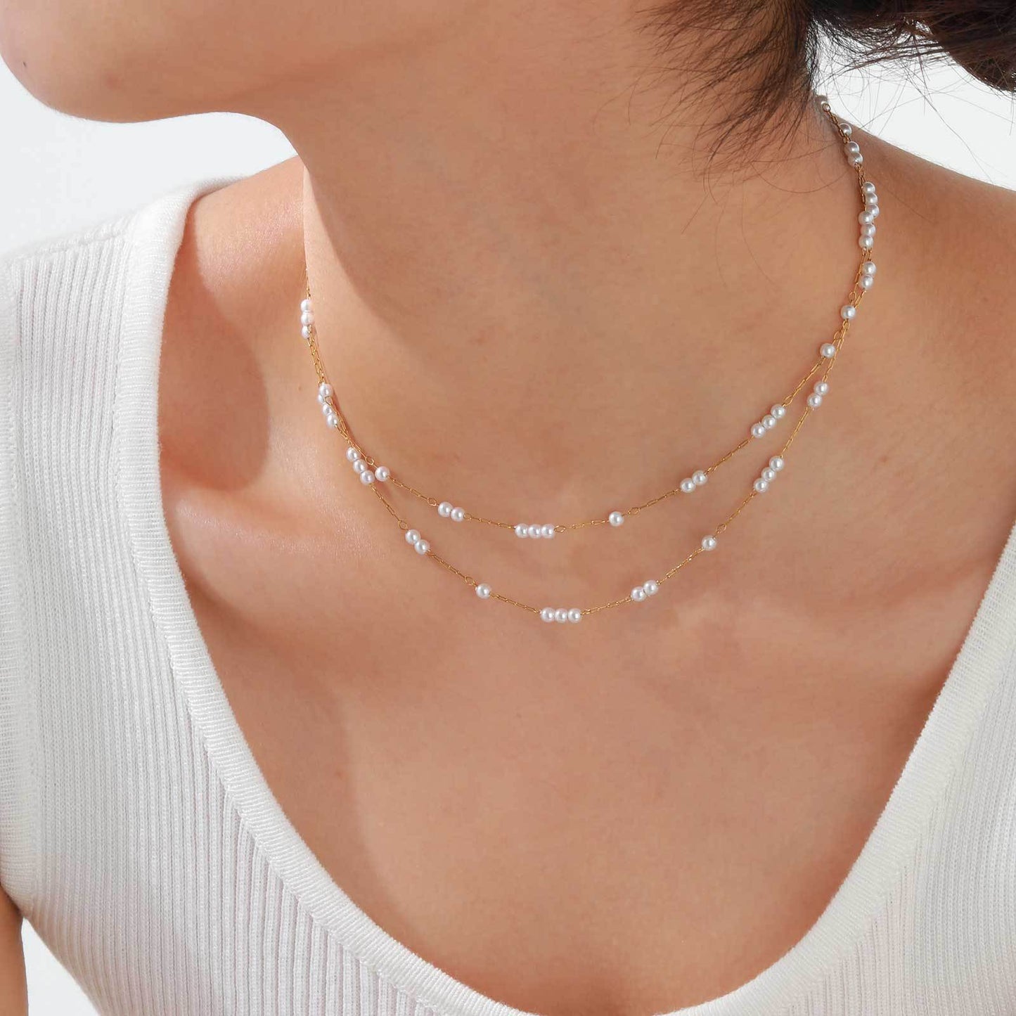 Ladies Stainless Steel Imitation Pearl Double Layer Stacked Gold Necklace