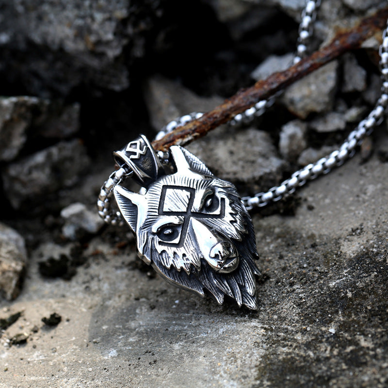 Retro Viking Wolf Head Pendant Necklace for Men - Stainless Steel Jewelry from Planderful