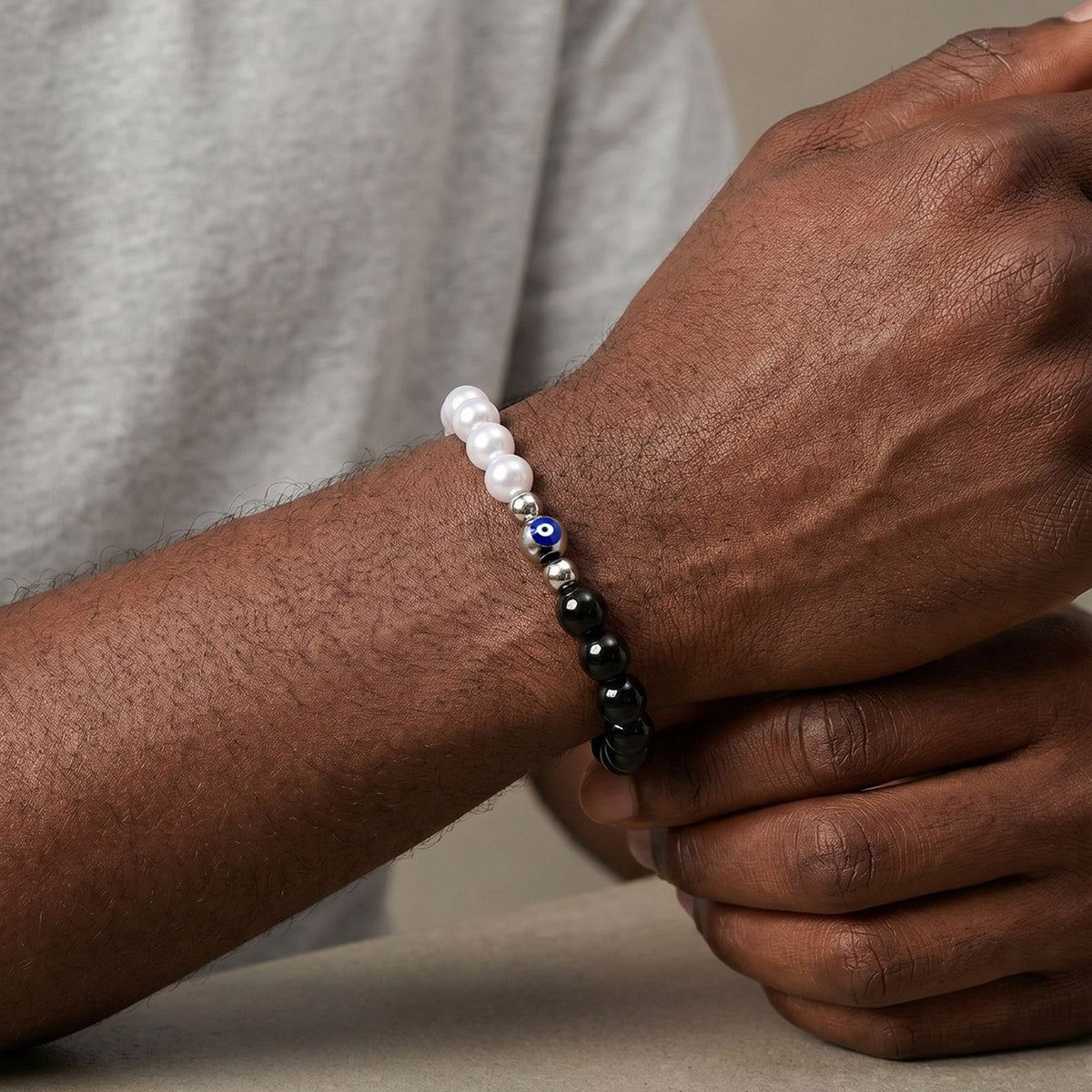 Devil's Eye Pearl Black Stainless Steel Bracelet for Men