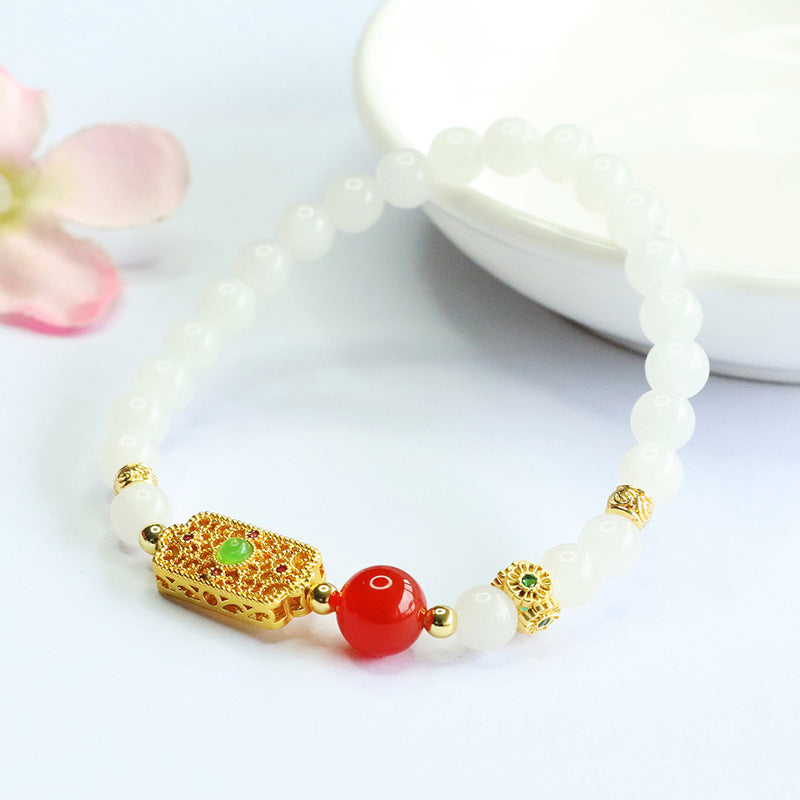 White Hetian Jade & Red Agate Beaded Bracelet