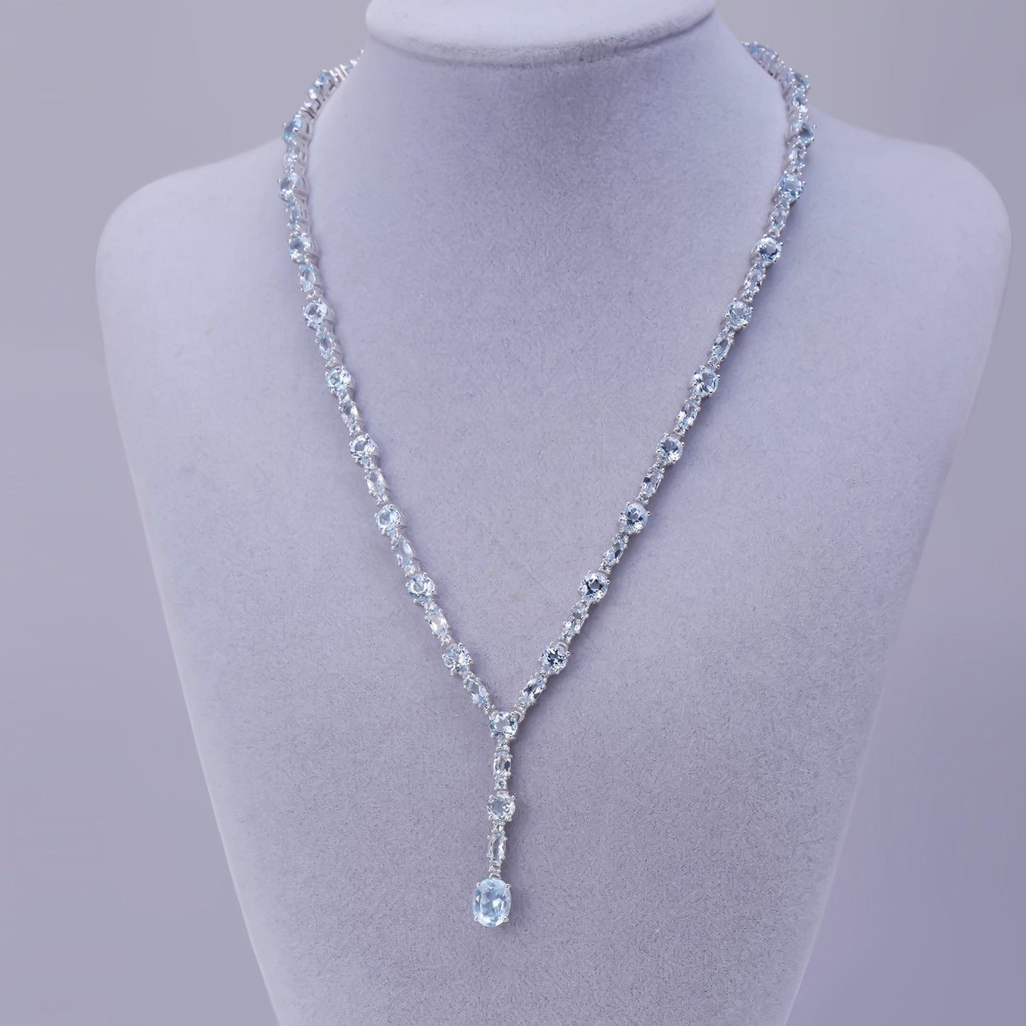 Banquet Jewelry Oval Natural Blue Topaz Tassel Silver Necklace