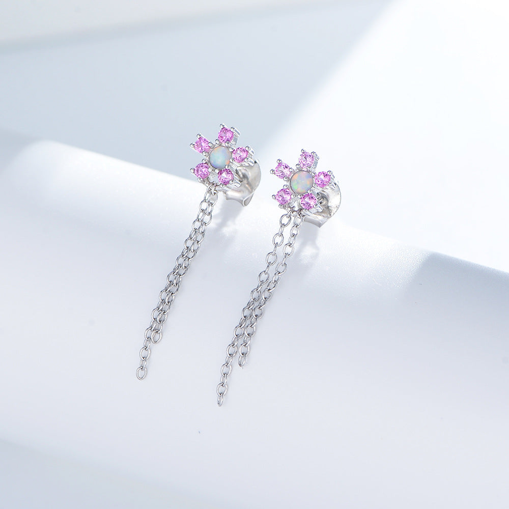 S925 Sterling Silver Zircon Chain Fringed Earrings Opal Flower Earrings