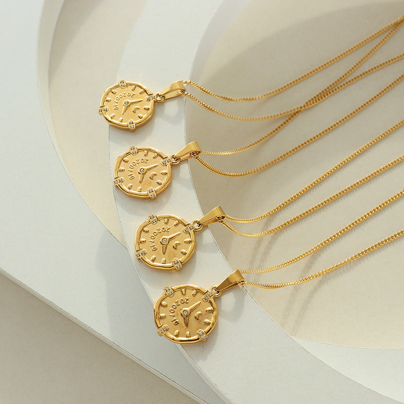 Vintage Zircon Clock Time Necklace with Hand and Foot Imprint Pendant