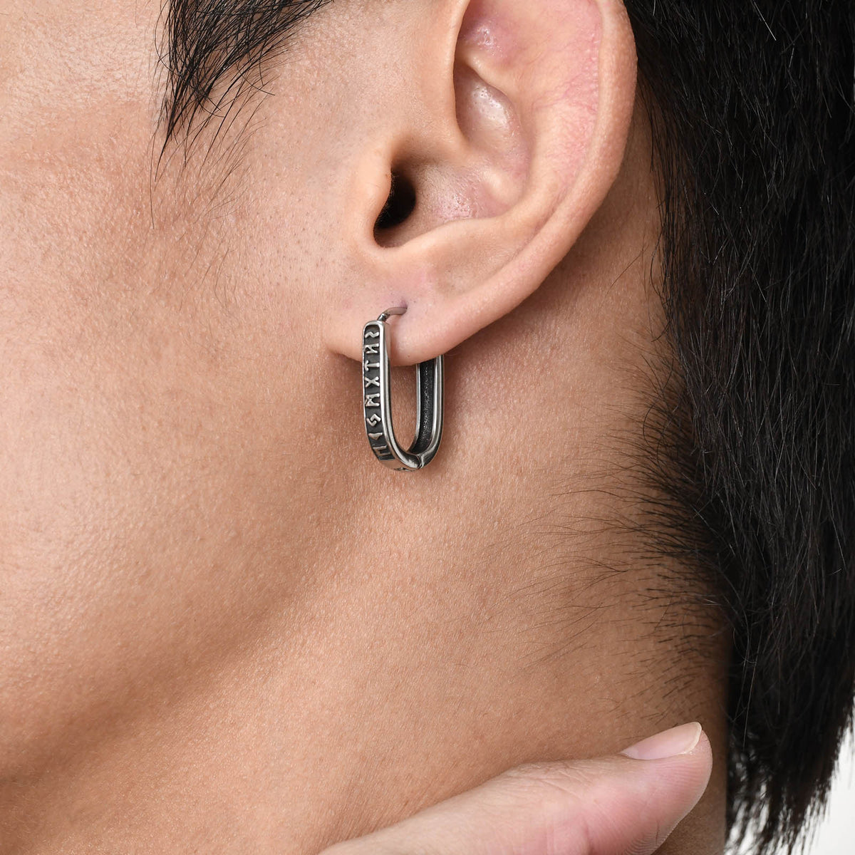 Norse Rune Rectangular Hoop Earrings — Silver Pair