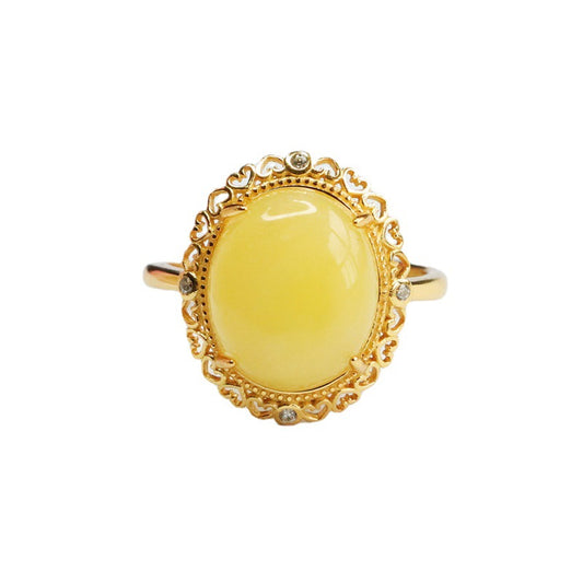 Love Hollow Sterling Silver Adjustable Beeswax Amber Ring