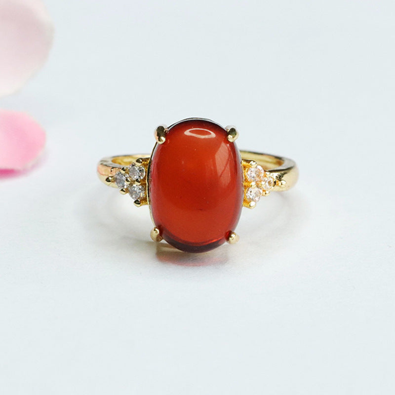 Blood Amber Oval Ring with Three Small Zircon Stones - Sterling Silver Jewelry