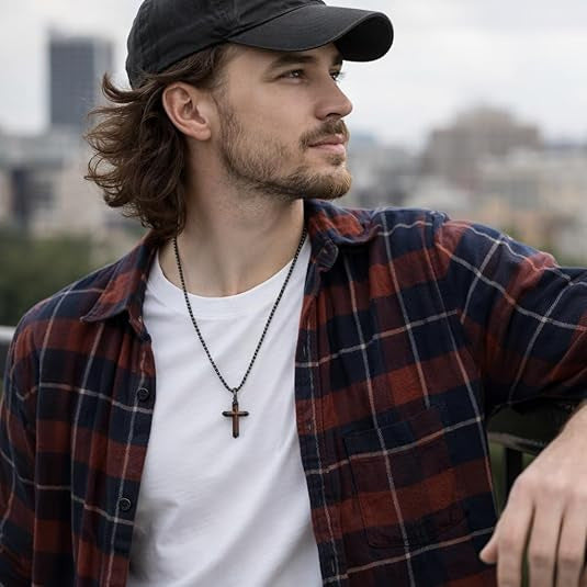 1. Planderful Cross Necklace For Men In Stainless Steel With Solid Wood Inlay And Safflower Detail