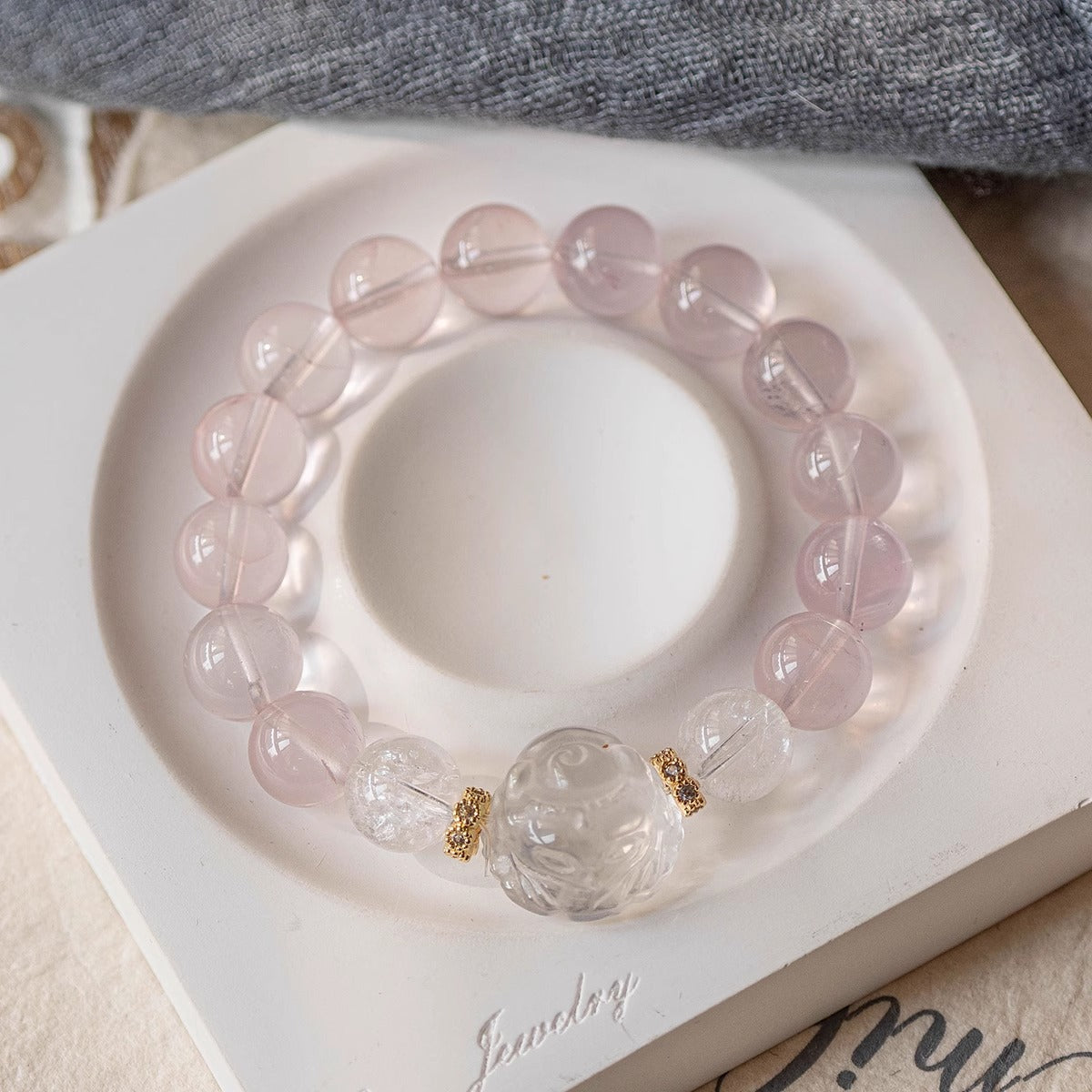 Pink Quartz Sterling Silver Bracelet with White Crystal Fox Gift