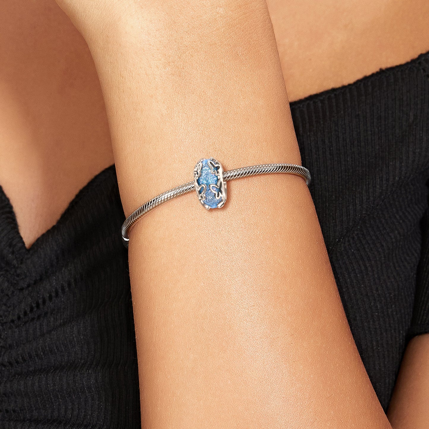 Riverside Flying Butterfly Blue Glazed Beads Silver Pendant