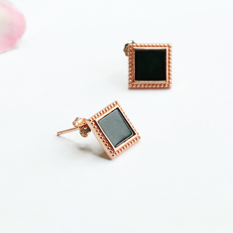 Dark Jadeite Square Rose-Gold-Tone Stud Earrings