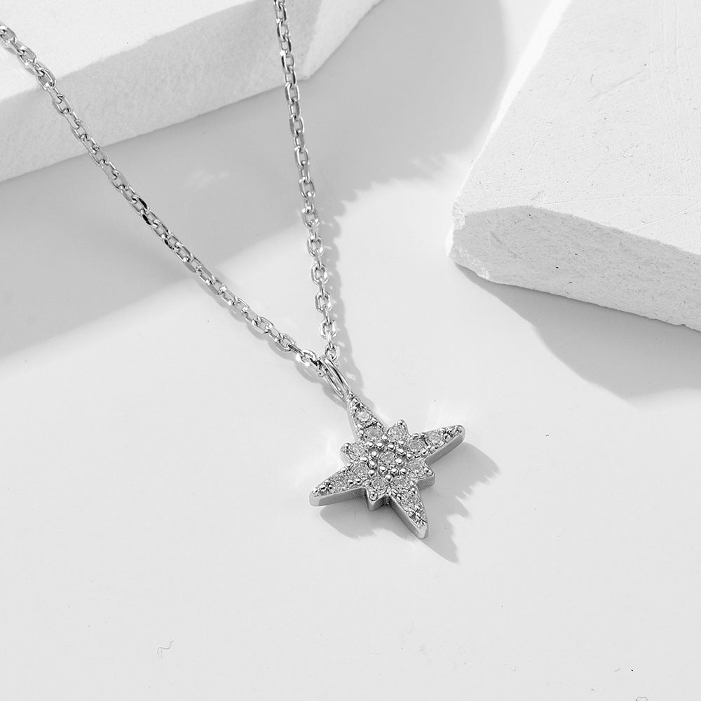 Full Zircon Octagram Sterling Silver Necklace Clavicle Chain Pendant