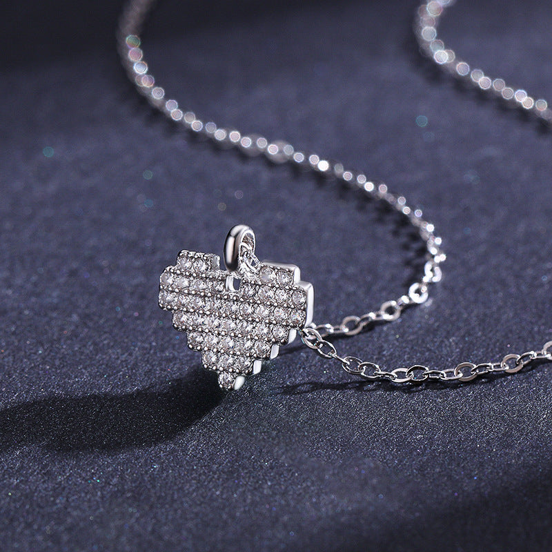 Elegant Heart-shaped Sterling Silver Necklace with Micro-studded Zircon Cross Pendant