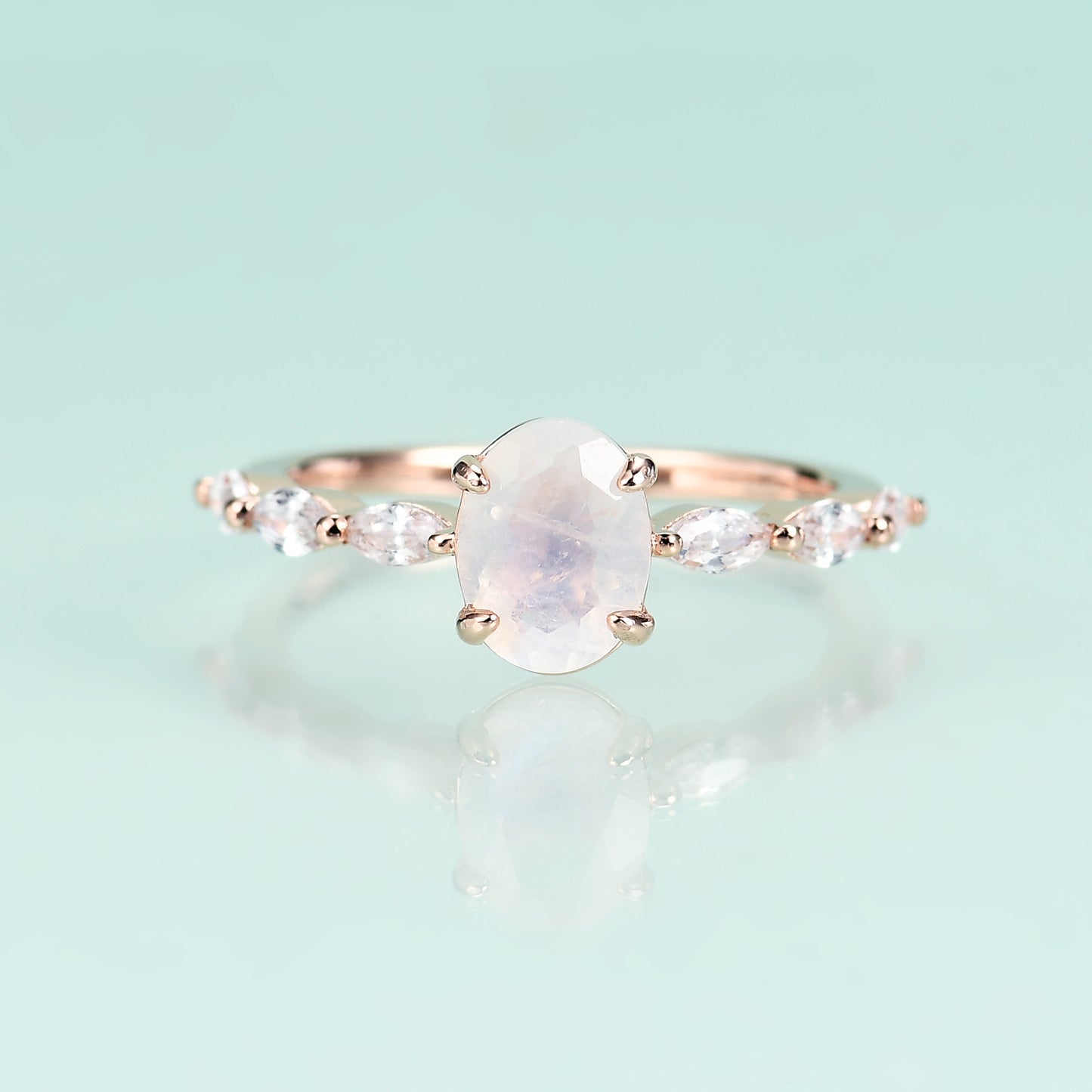 Oval Natural Moonstone and Marquise Zircon Silver Ring