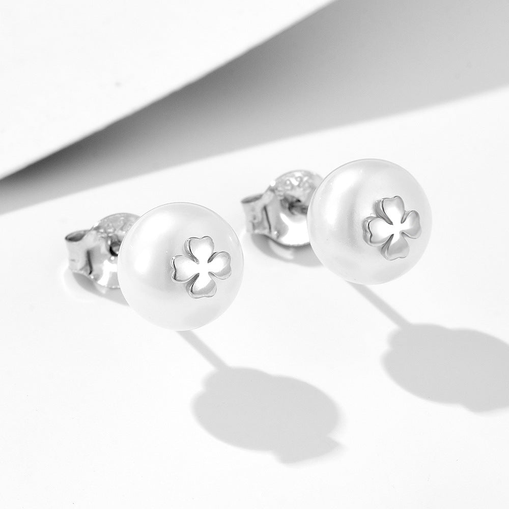 925 Sterling Silver Retro French Natural Pearl Stud Earrings Four-Leaf Clover Earrings And