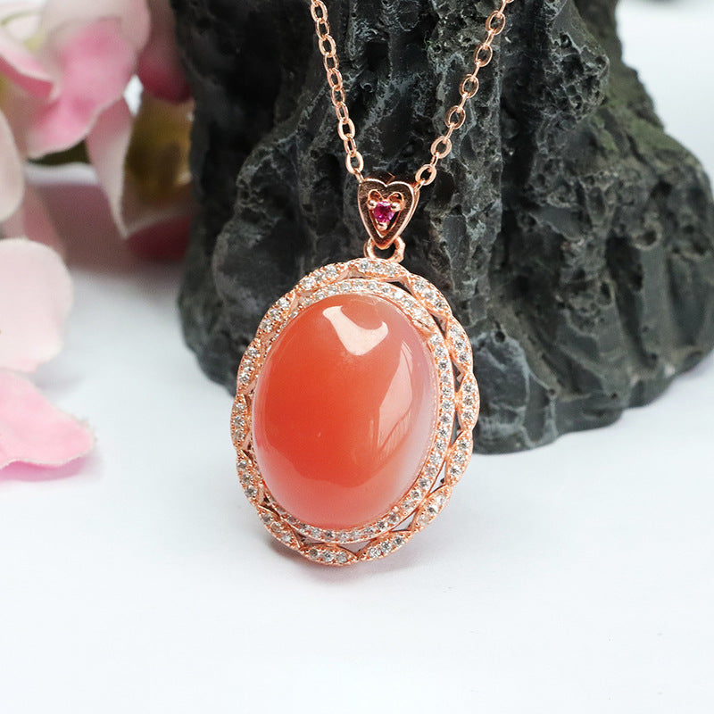 Pigeon Egg Agate Pendant with Double Zircon Halo Necklace