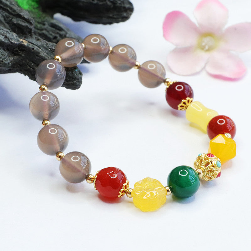 Colorful Agate and Smoke Purple Chalcedony Charm Bracelet