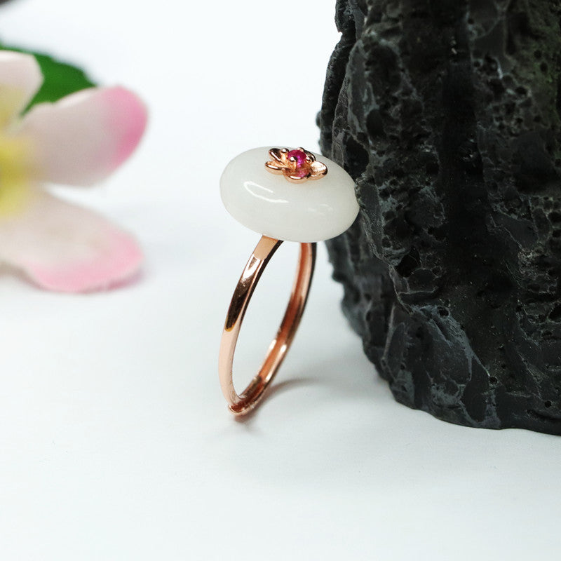 White Jade Safety Buckle Sterling Silver Ring with Natural Hetian Jade-Planderful Collection