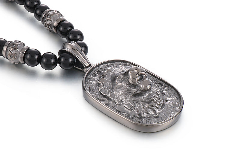 Exaggerated Lion Head Pendant Necklace with Buddha Beads - Ethnic Style Titanium Steel Long Chain for Men and Women