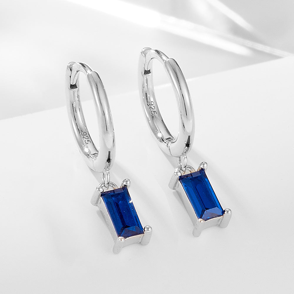 Rectangular Blue Zircon Pendant Sterling Silver Hoop Earrings