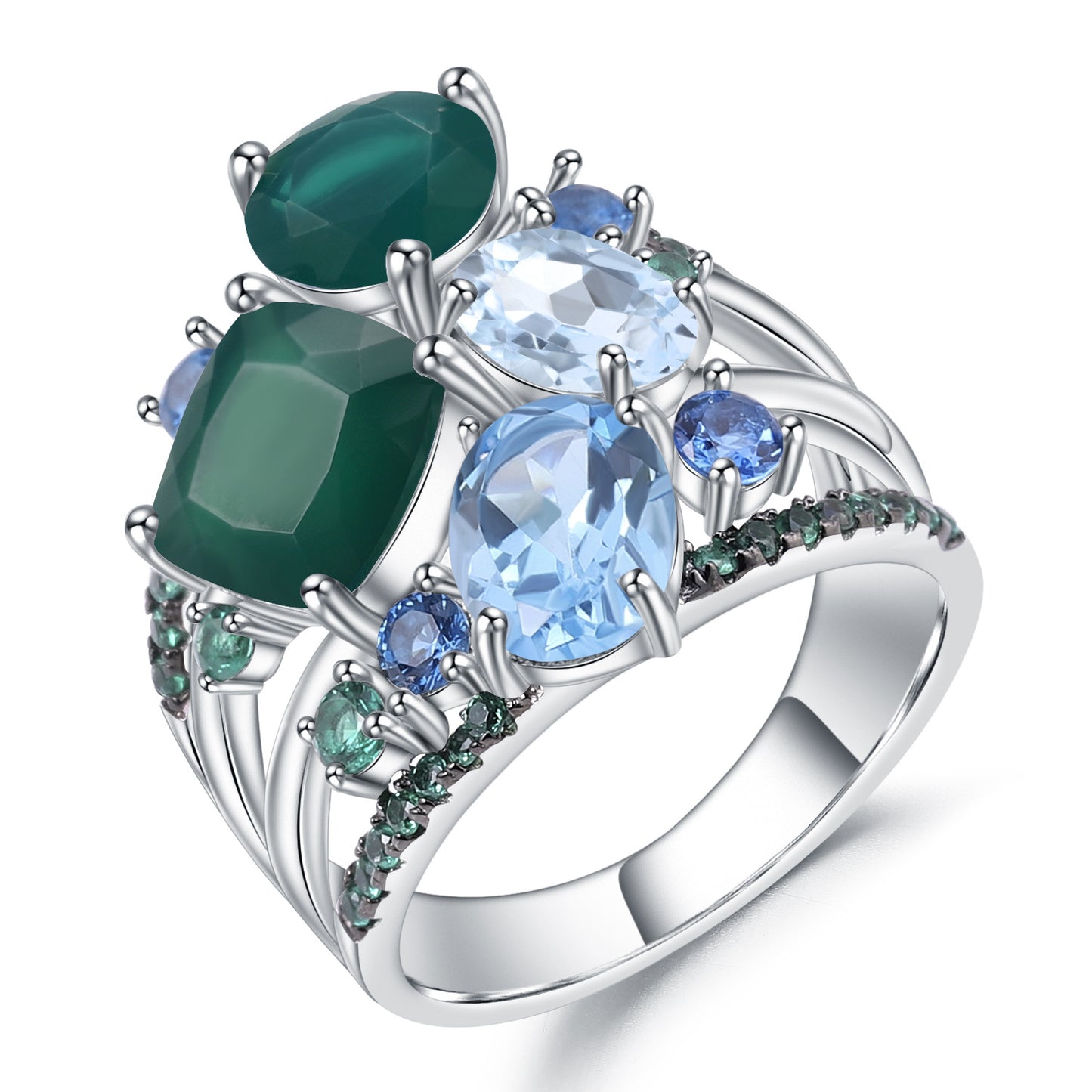 Banquet Jewelry Four Layers Natural Gemstones Silver Ring