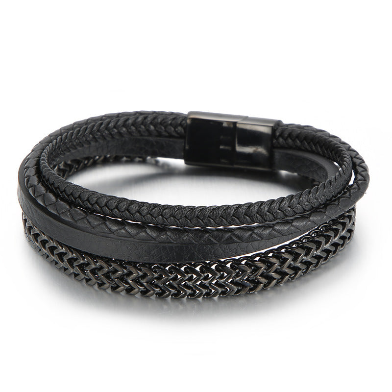 Planderful Men Titanium Steel Chain Cowhide Bracelet Genie