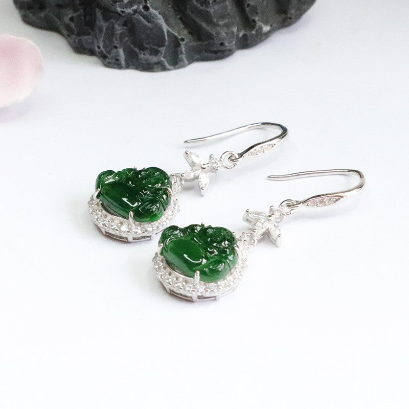 Icy Green Jadeite Buddha 925 Silver Hook Earrings
