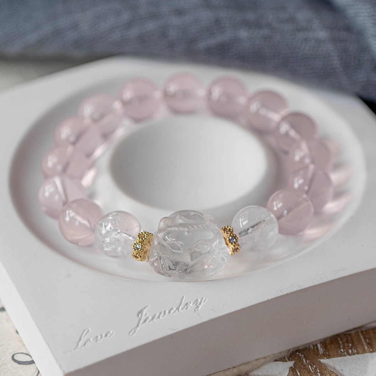 Pink Quartz Sterling Silver Bracelet with White Crystal Fox Gift
