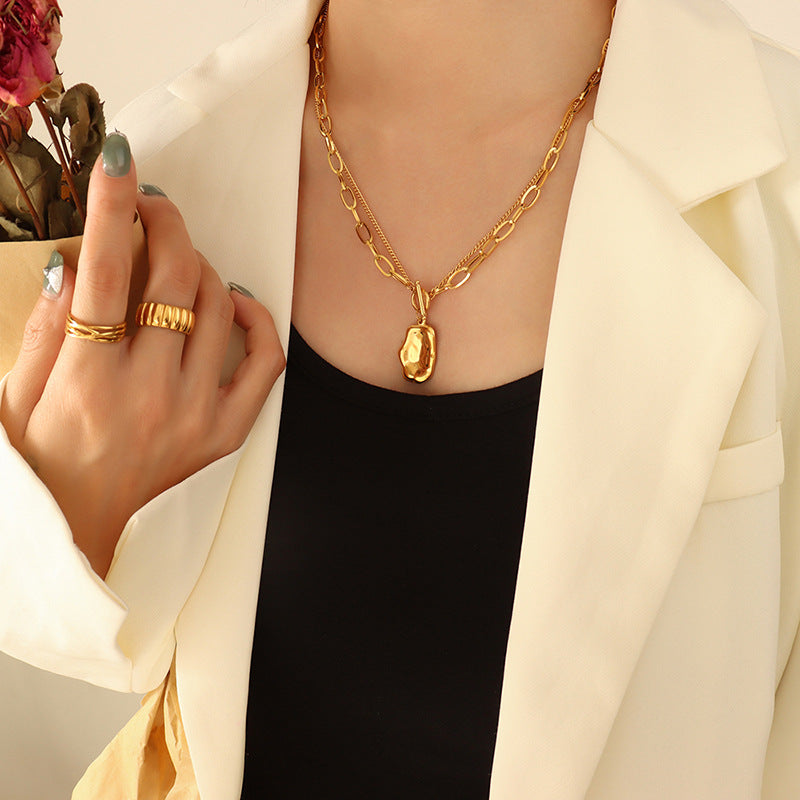 Statement Necklace with Unique Double-Layered Design and Irregular Pendant - Premium Titanium Steel, Gold-Plated - Fashion Jewelry for Women