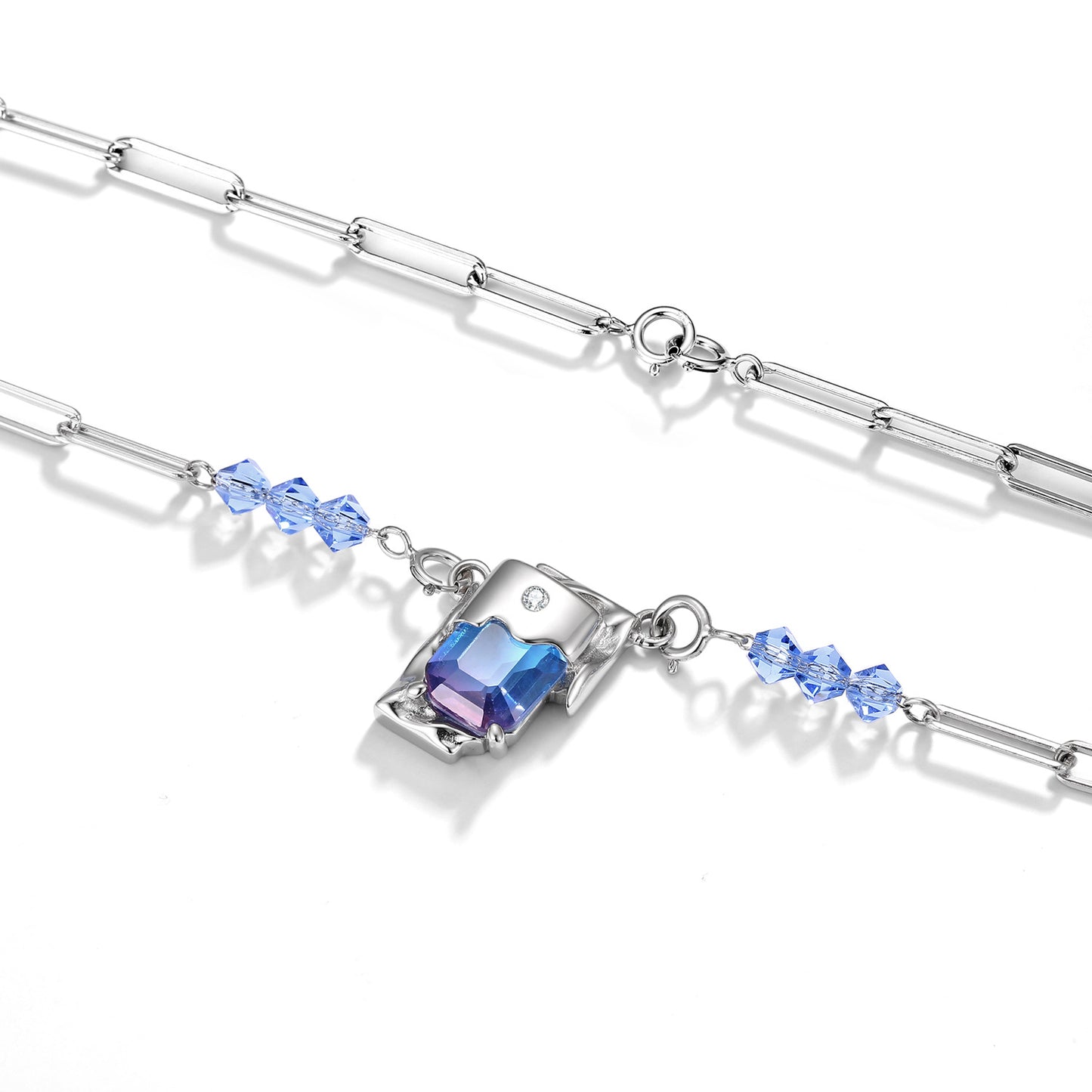 Creative Coloured Rectangle Zircon Pendant Splicing Silver Necklace