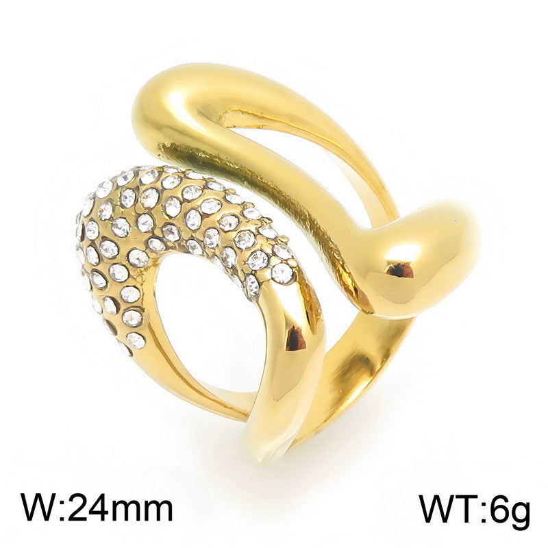 Hip Hop Double Twisted Hollow Zircon Ring French Niche Design Curve Stainless Steel