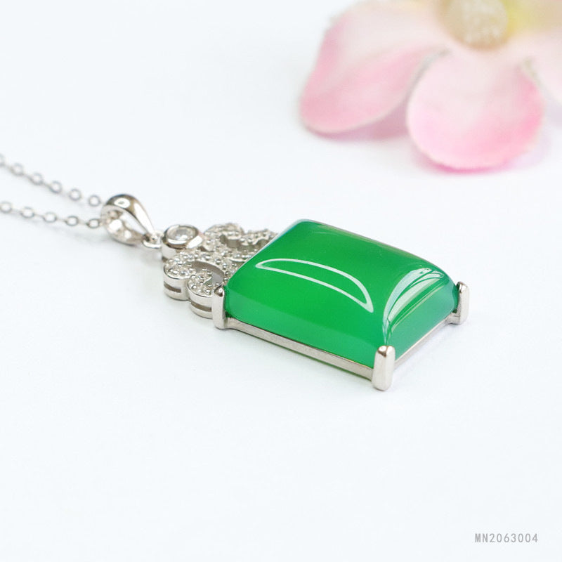 Green Chalcedony Peace Plaque Silver Pendant — No Chain