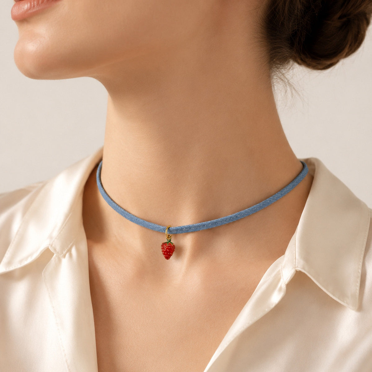 Stainless Steel Denim Rope Strawberry Pendant Sweet Fruit Wind Daily Collar Clavicle Chain Necklace