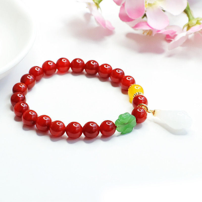 Fortune's Favor Natural Red Agate Bracelet with Magnolia Flower Jade and Chalcedony