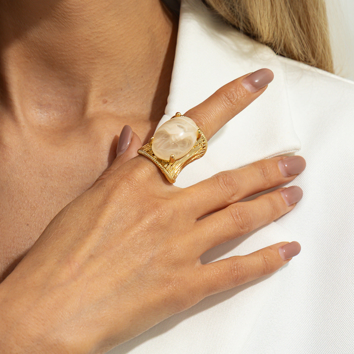 Planderful Geometric Open Ring For Women Brushed Metal Statement Vienna Verve Maillard Stone