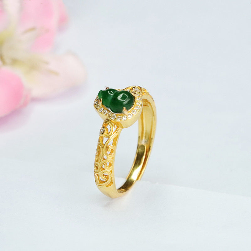 Hollow Sterling Silver Gourd Ring with Natural Ice Green Jade