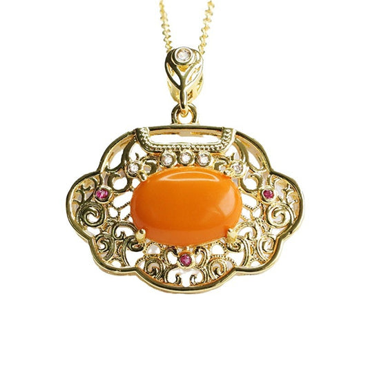 Golden Ruyi Beeswax Amber Pendant in Sterling Silver