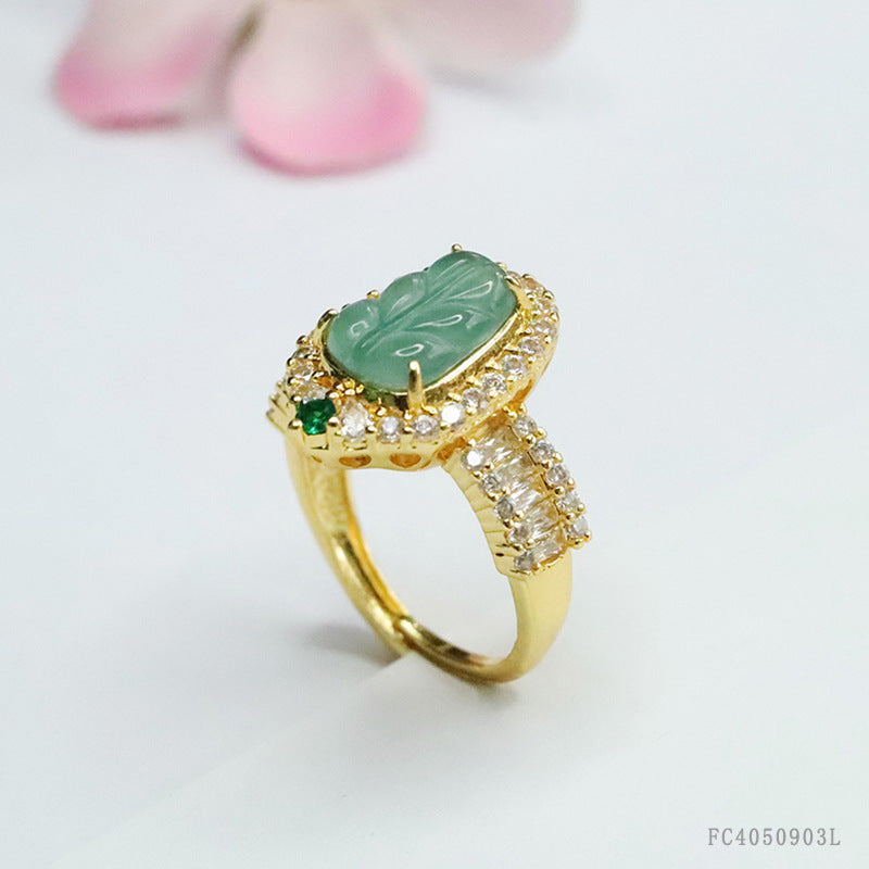 Blue Water Jadeite Leaf Pavé-Style Ring
