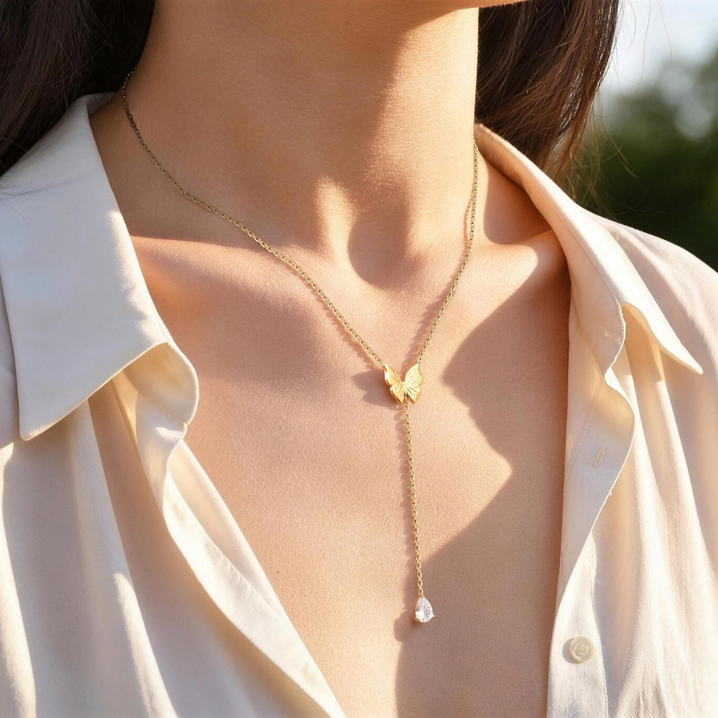 Stainless Steel Butterfly Tassel Water Drop Zircon Y-Shaped Women's Zircon Pendant Necklace