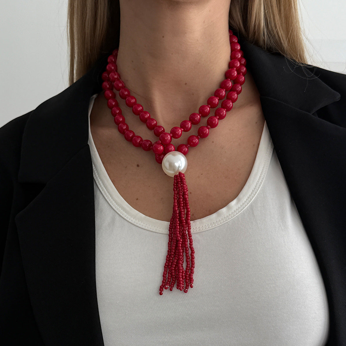 Acrylic Beaded Rice Bead Necklace Exaggerated Large Round Bead Y-Shaped Fringed