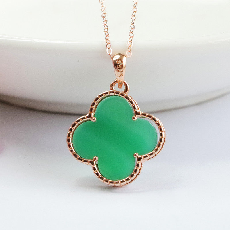 Sterling Silver Four-Leaf Clover Necklace with Natural Green Chalcedony