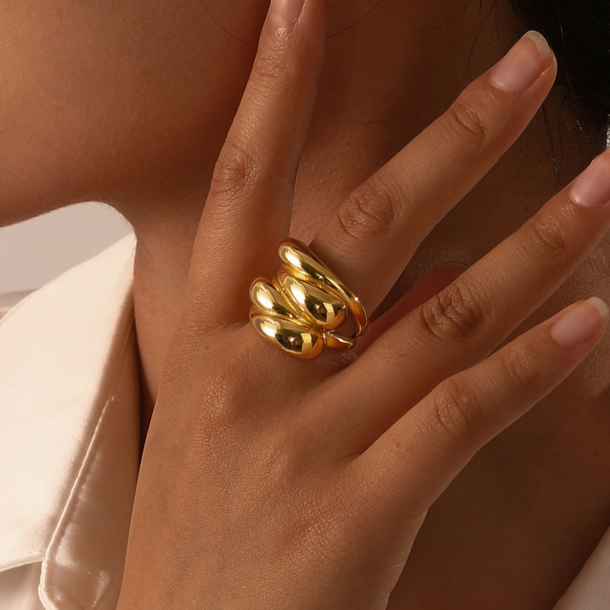 Ring Stainless Steel Smooth Water Drop Multi-Layer Gold