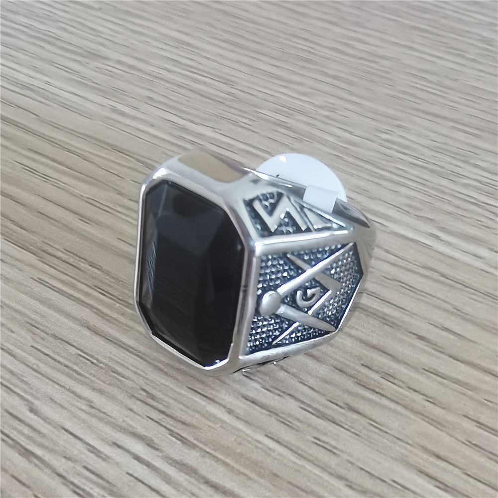 Planderful Zircon Titanium Steel Ring Unisex Vintage Masonic Style For Men Size 8-12