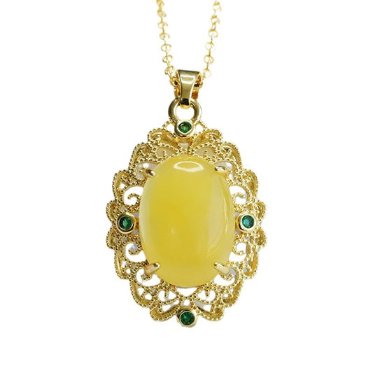 Amber Beeswax Golden Pendant with Zircon Accent in Palace Style Jewelry
