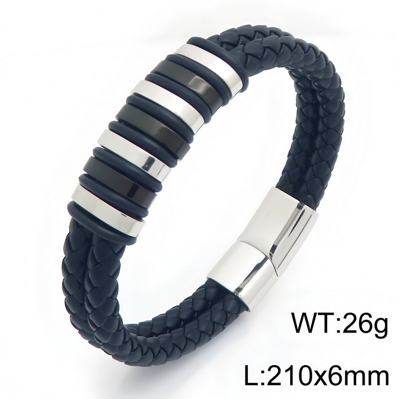 Woven Leather Bracelet Black & White Bead Spacer Stainless Steel Magnetic Suction