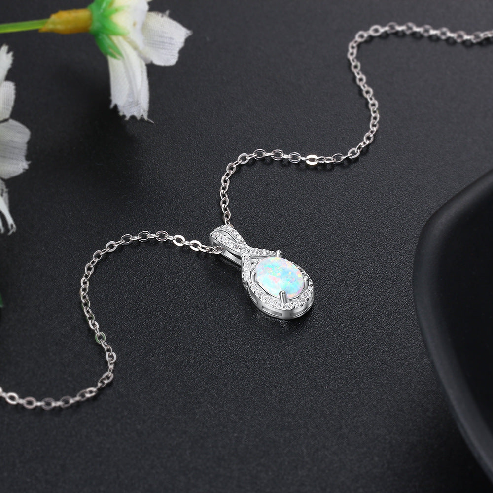 Planderful Jewelry Opal Necklace Sterling Silver Halo
