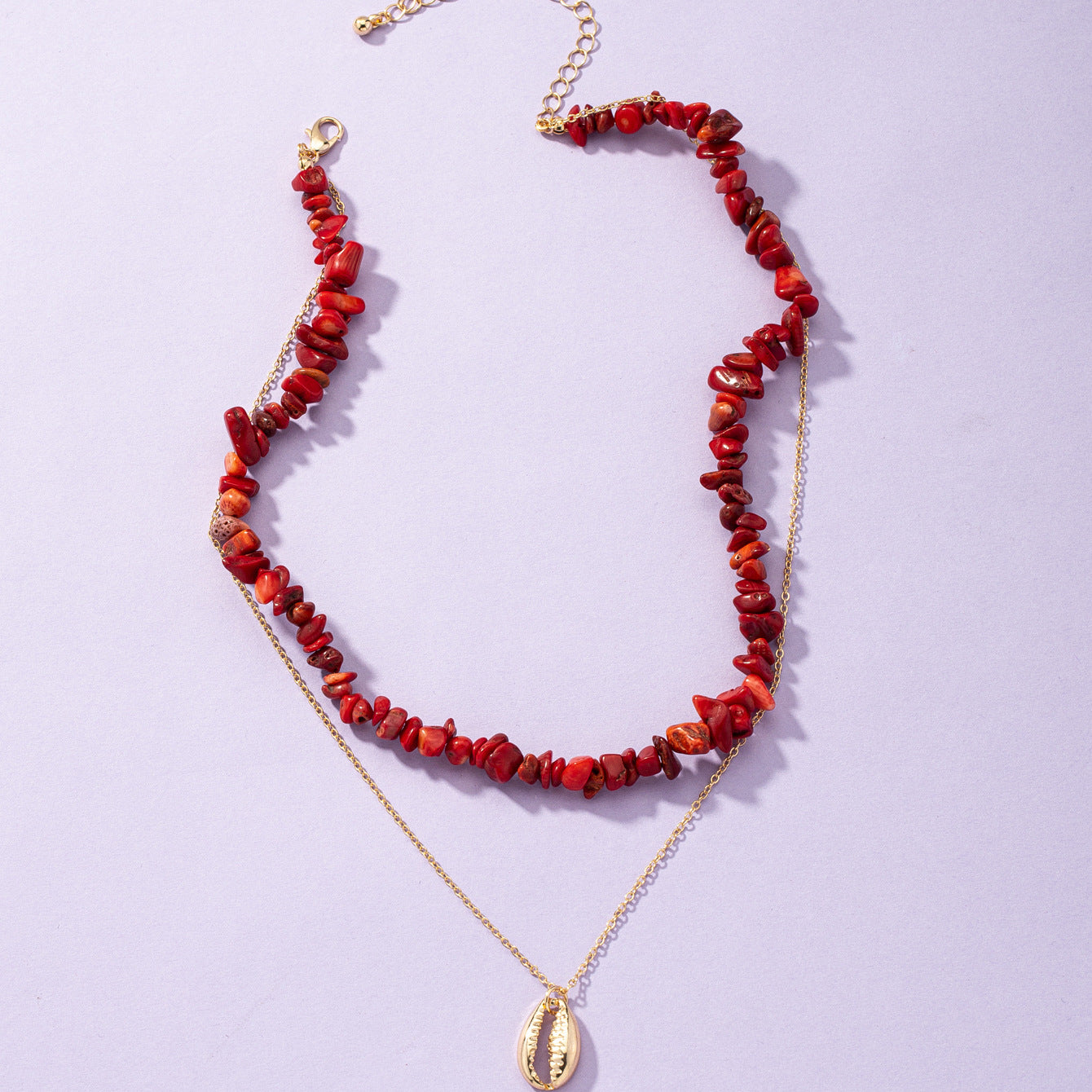 Red Stone Double-Layer Holiday Necklace: Vienna Verve Collection - Metal Neck Accessories