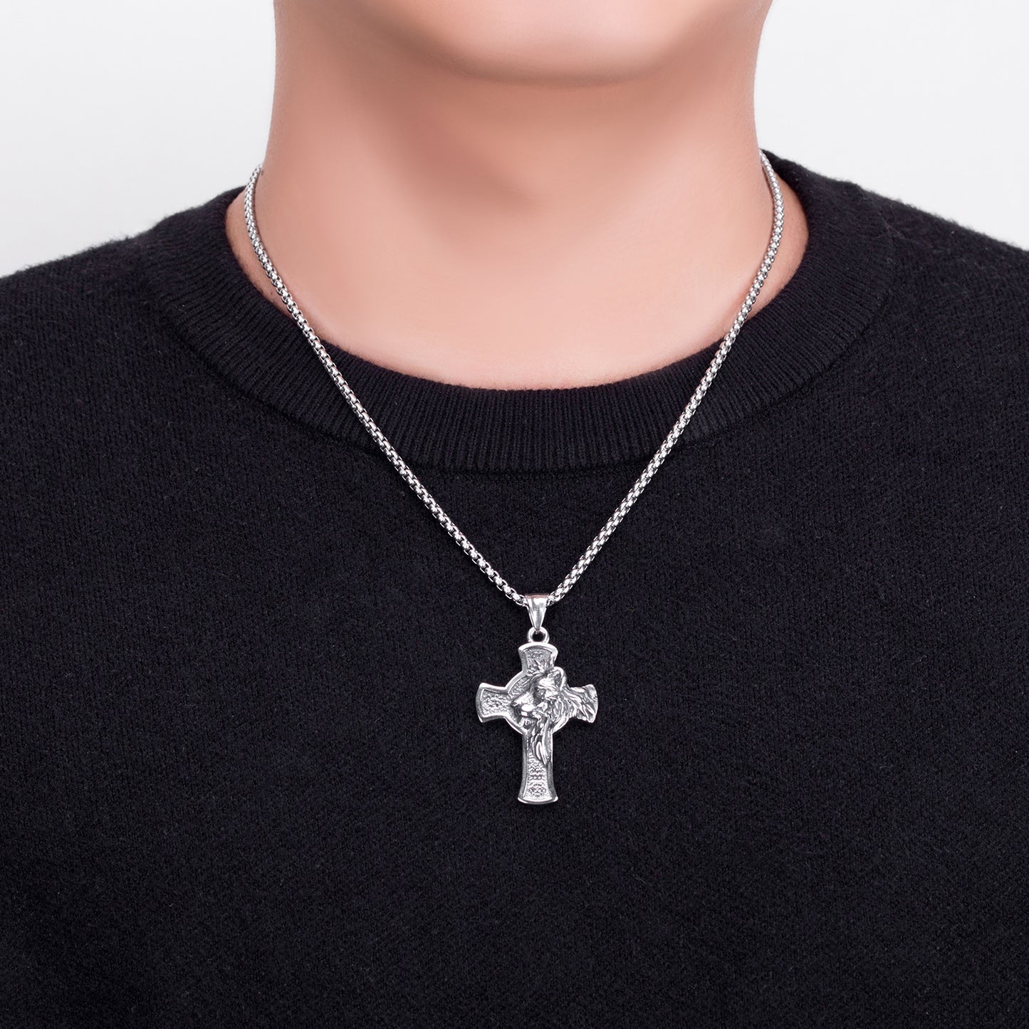 Steel Necklace Pendant – Vintage Lion Head Cross Design For Men And Women By Planderful